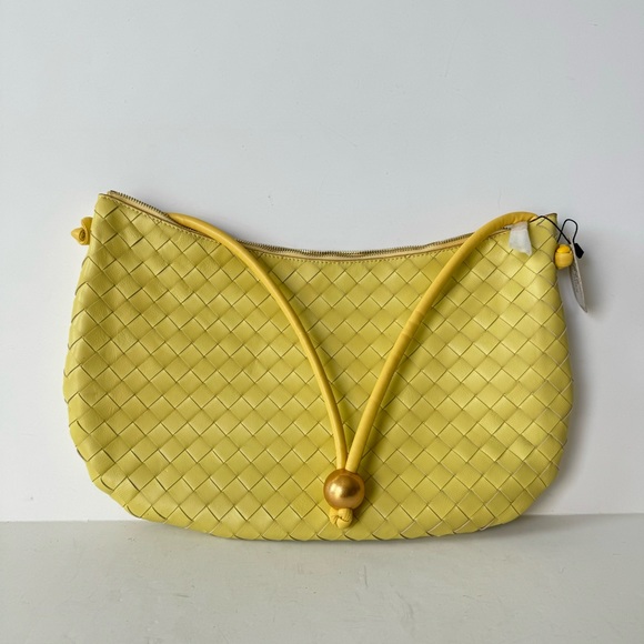Yellow Intrecciato Woven Half Moon Leather Clutch Wristlet Top Handle Bag - Picture 11 of 16